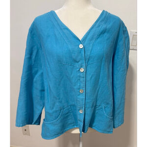Heaven Blue Linen Button Down Shirt or jacket XL, pockets peplum pleated